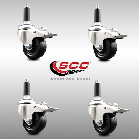 Service Caster 3.5 Inch 316SS Hard Rubber Wheel Swivel 3/4 Inch Stem Caster Set Lock Brake SCC-SS316TTLEX20S3514-HRS-34-4
